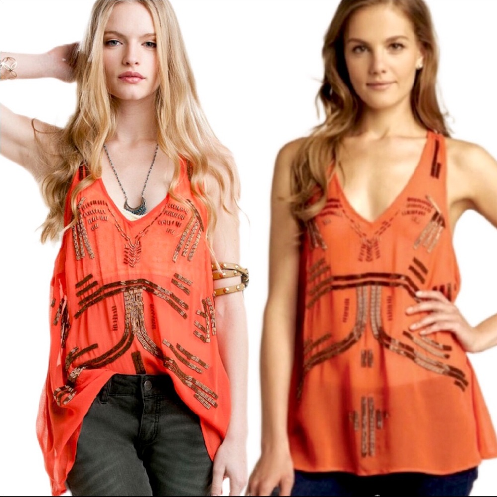 FREE PEOPLE Orange Brown Beaded Sequin Racerback Sleeveless Sheer Women Tank Top